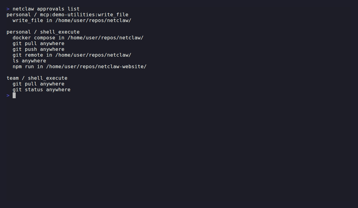 netclaw approvals list output
