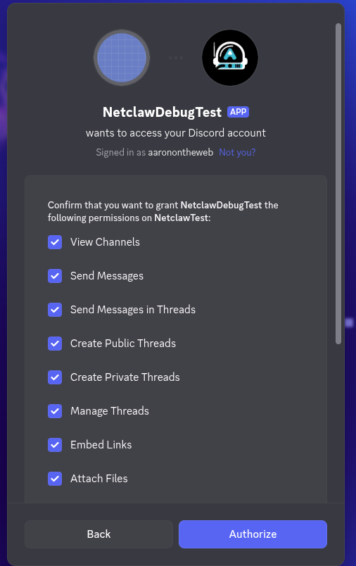 Discord OAuth2 permissions confirmation with the Authorize button