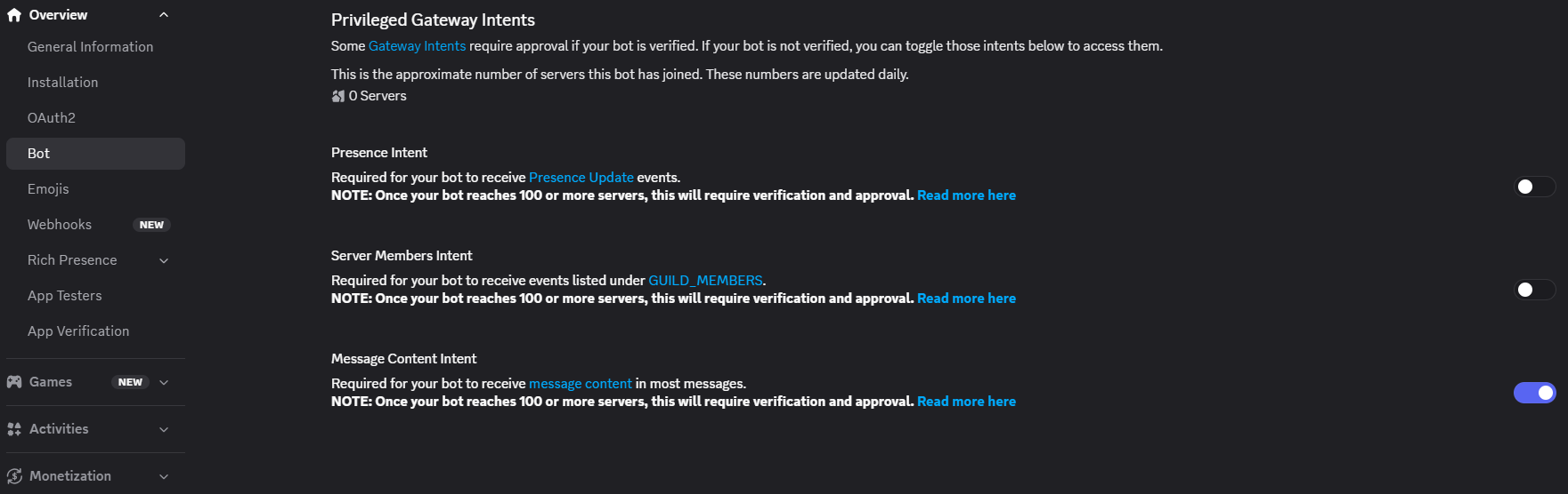 Privileged Gateway Intents with Message Content enabled