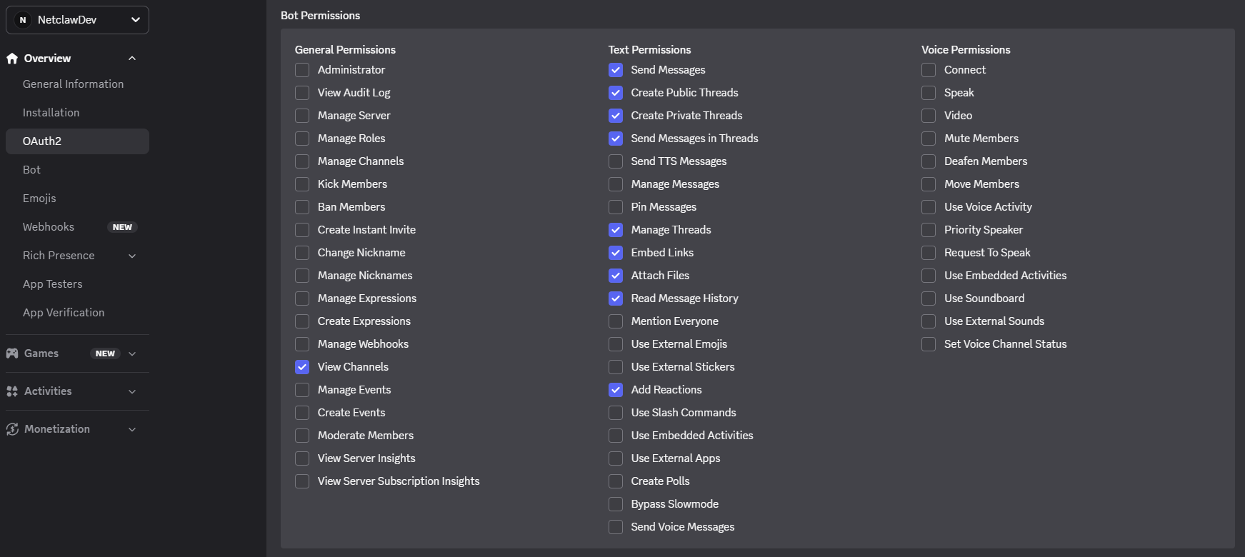 Bot permissions checklist