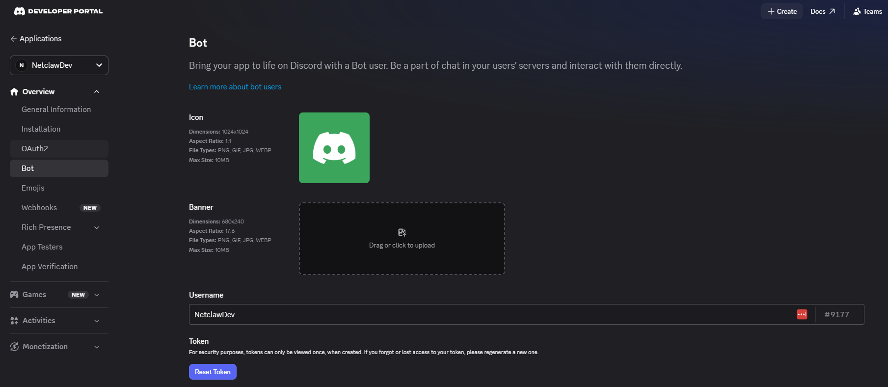 Bot settings page