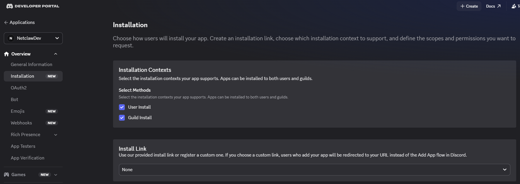 Installation settings set to None