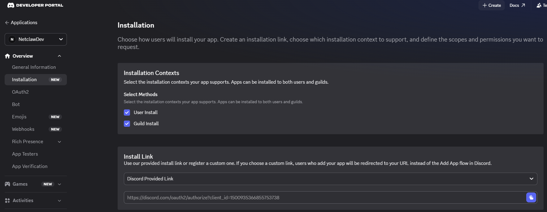 Installation with Discord Provided Link