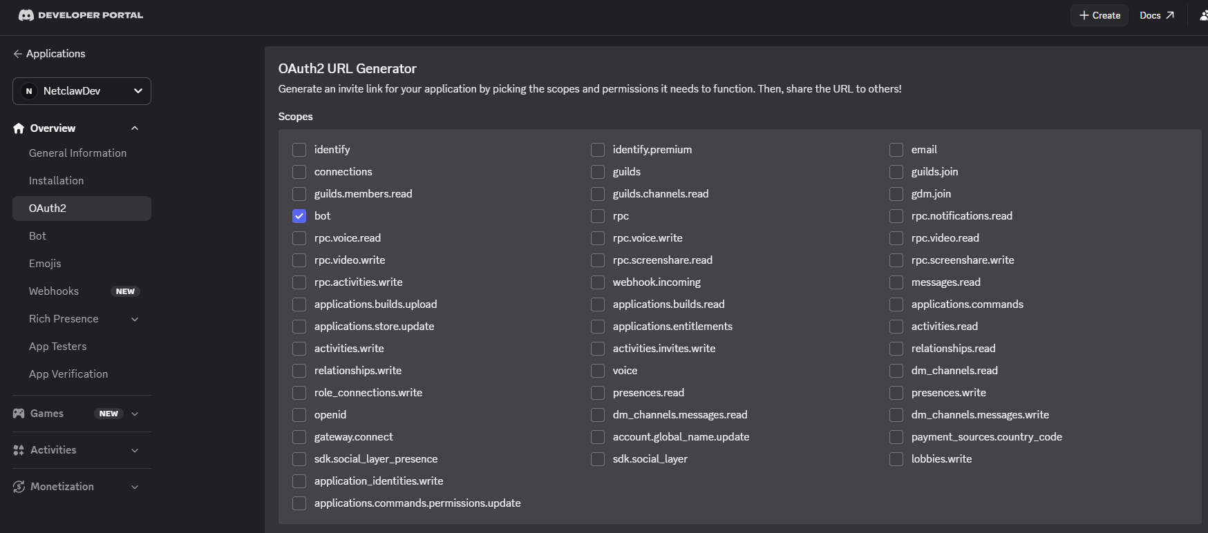 OAuth2 scopes selection