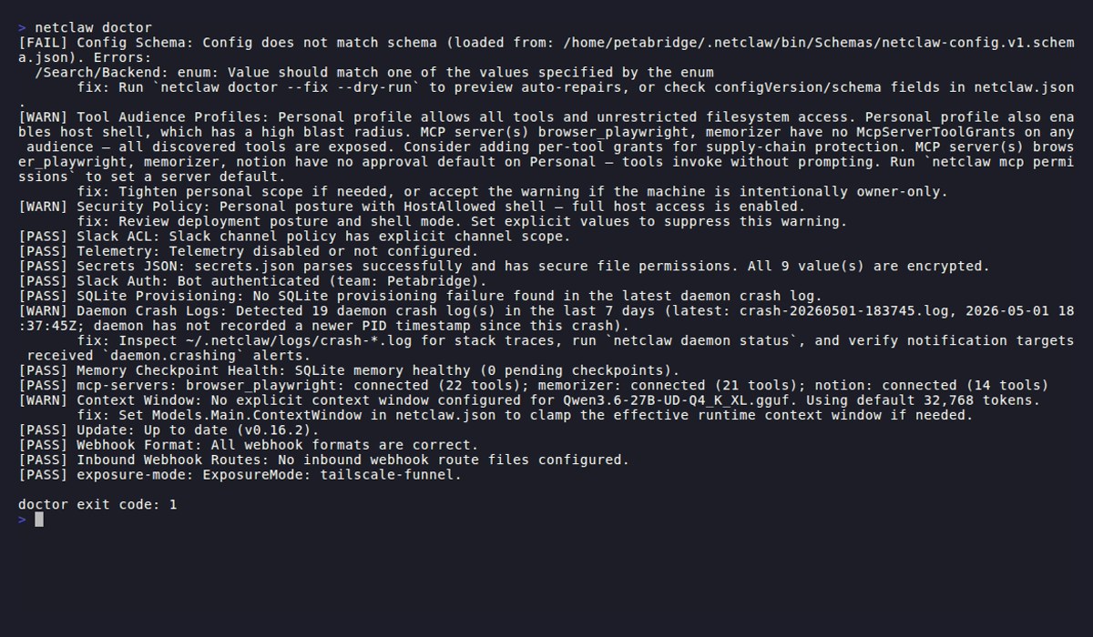 netclaw doctor running all 16 diagnostic checks
