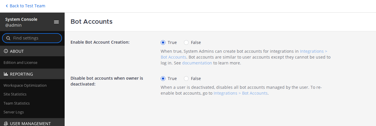System Console Bot Accounts settings with Enable Bot Account Creation set to True