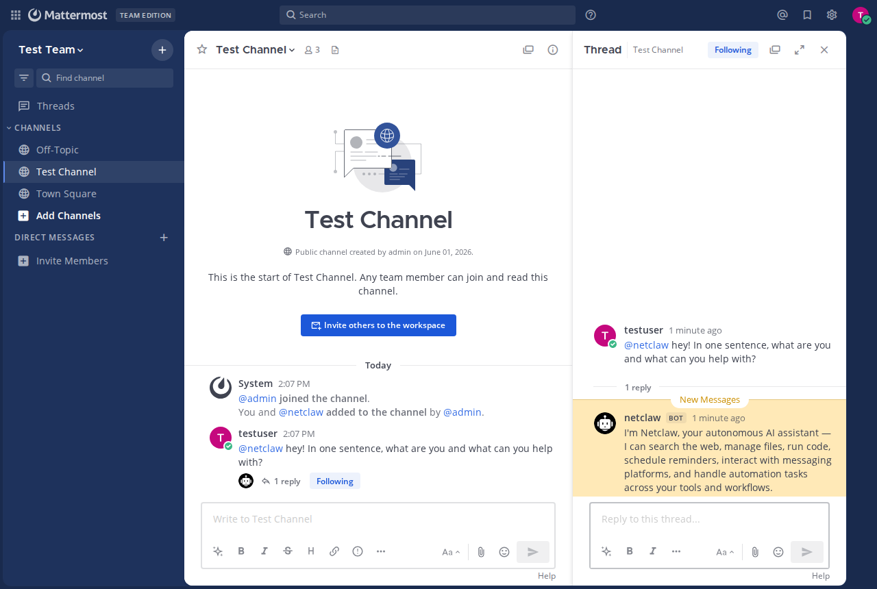 Netclaw replying to a testuser @-mention in a Mattermost thread