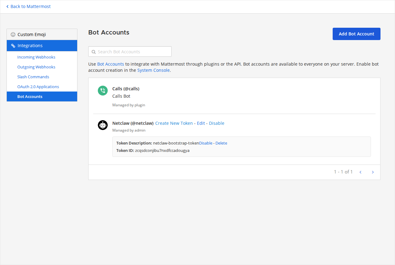 Mattermost Bot Accounts page listing the netclaw bot with its Create New Token control