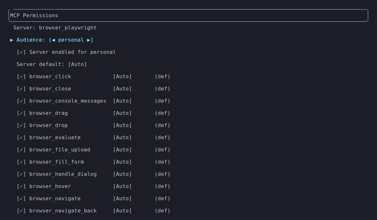 MCP tool grants for Personal audience showing all tools enabled