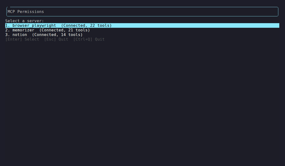 MCP Permissions server list showing three connected servers with tool counts