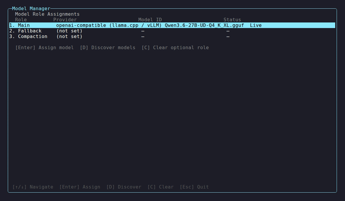 Model Manager TUI showing role assignments
