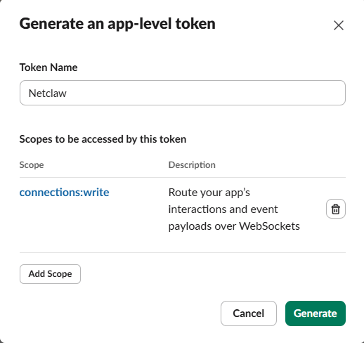Generate an app-level token dialog