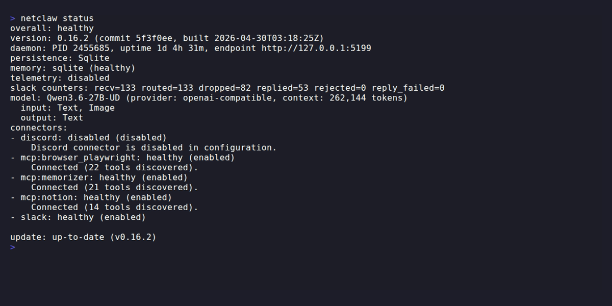 Netclaw status output showing a running daemon